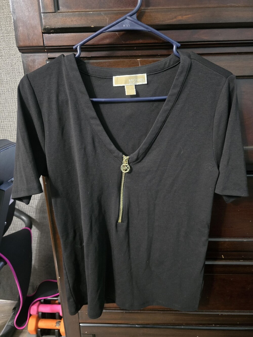 Michael Kors Black Short-Sleeve V-Neck Top with Gold Zip